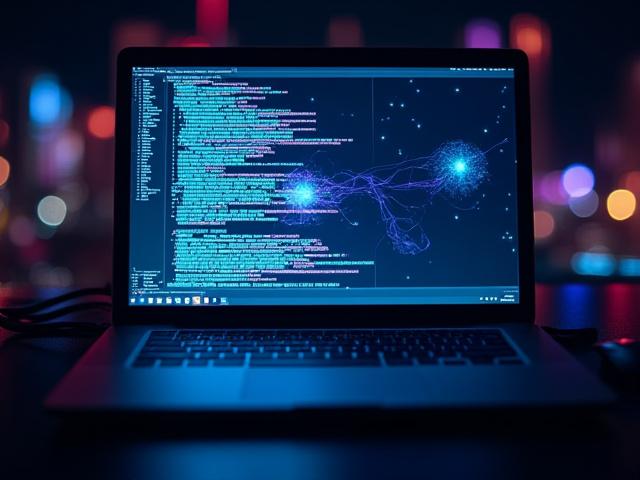 Schermo di computer che mostra codice di programmazione creativo e grafica generata, con un'atmosfera futuristica.