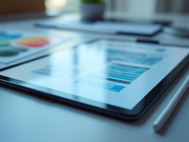 Interfaccia utente elegante e user-friendly su un tablet, circondata da strumenti di design digitale.